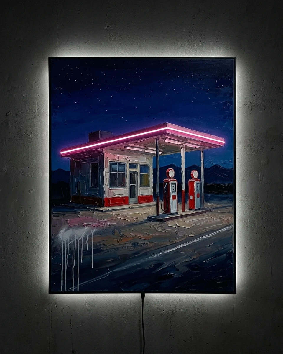 Last Stop &mdash; A lonely old gas station on a desert highway at night, in thick oil paint under a starry sky, neon wall art panel