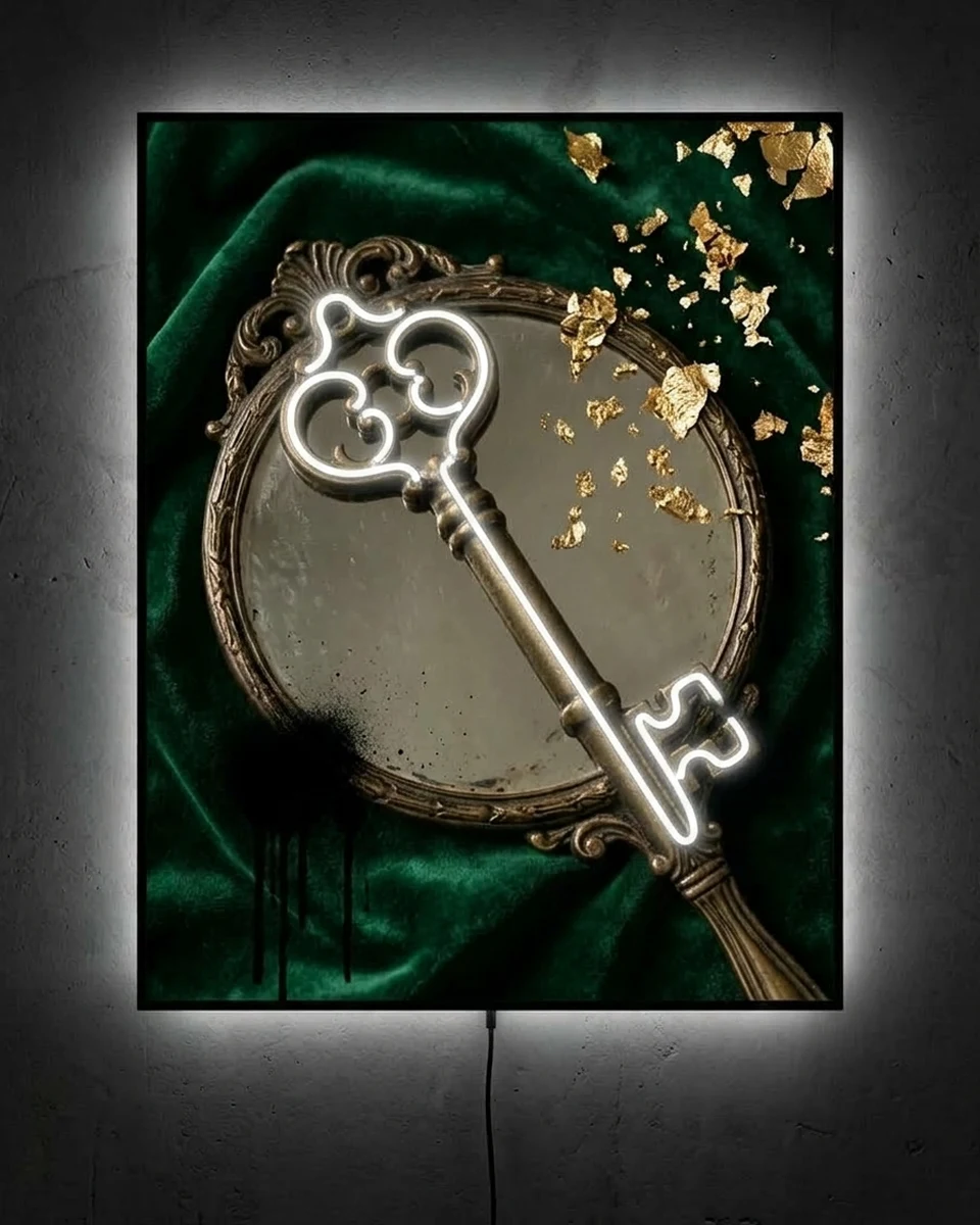 Master Key &mdash; An ornate brass key on an antique mirror and deep green velvet, with drifting gold leaf, neon wall art panel