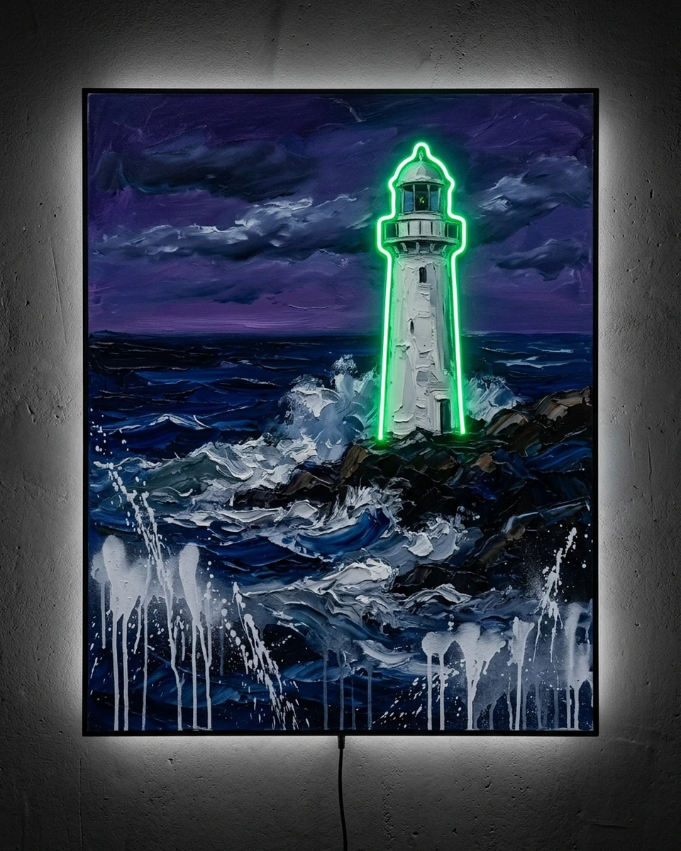Lightkeeper &mdash; An old white lighthouse on a stormy headland, in thick oil paint with ultramarine waves and a purple sky, neon wall art panel