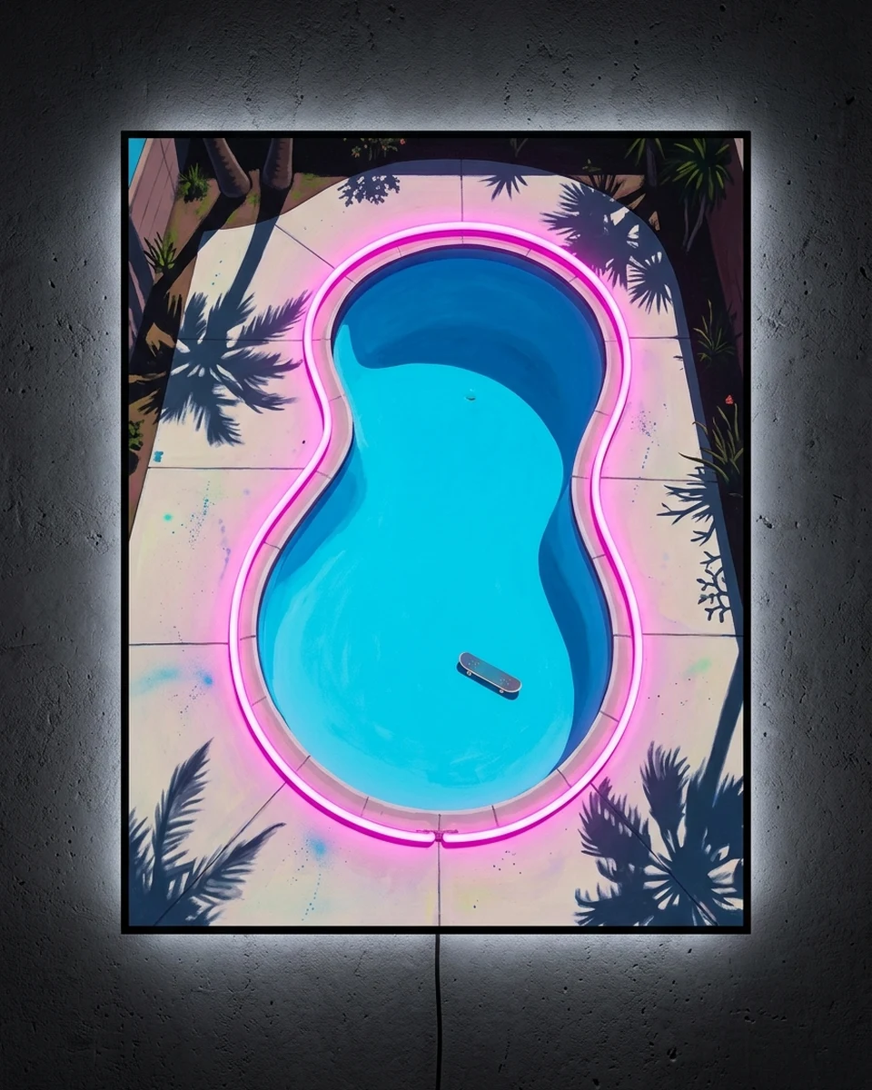 Dry Pool — A backyard at dusk from straight above: an empty kidney-shaped pool painted aqua, one skateboard on the floor, long palm shadows, neon wall art panel