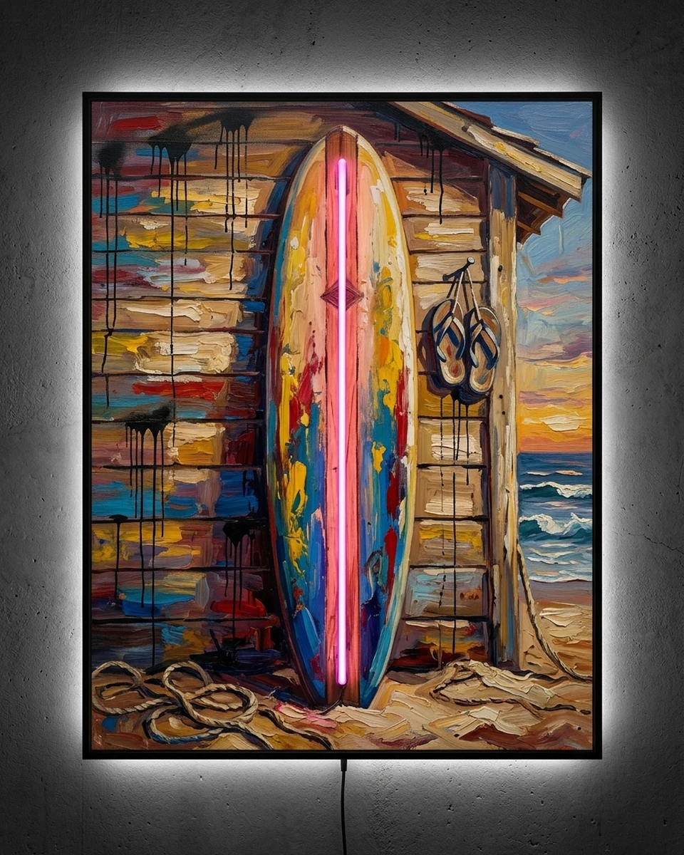 Longboard — A vintage longboard leaning on the plank wall of a beach shack at sunset, in thick primary-colored oil, neon wall art panel