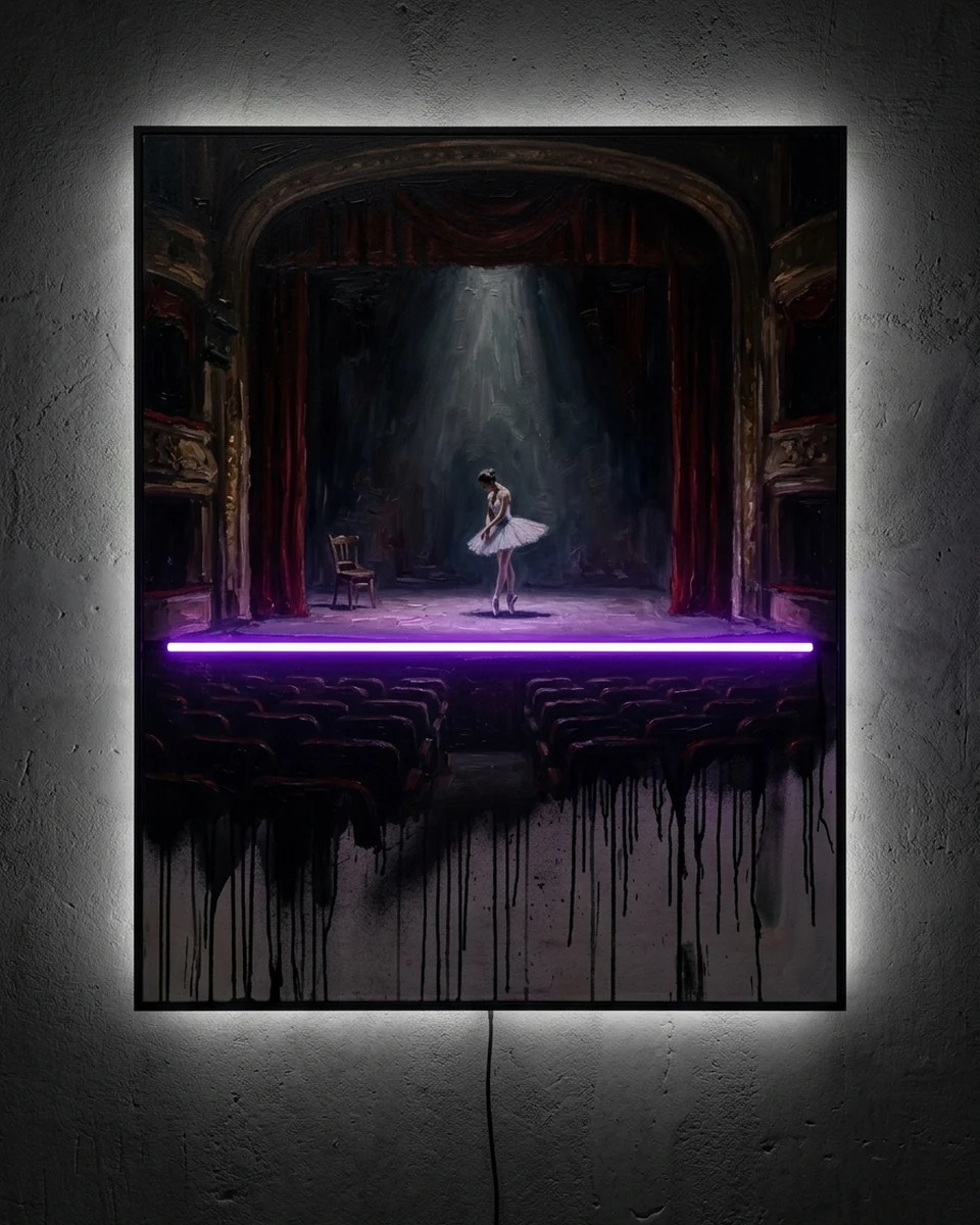 Last Rehearsal &mdash; An empty old theater in oil: a lone ballerina under one spotlight, red curtains, rows of empty seats, black spray drips below, neon wall art panel