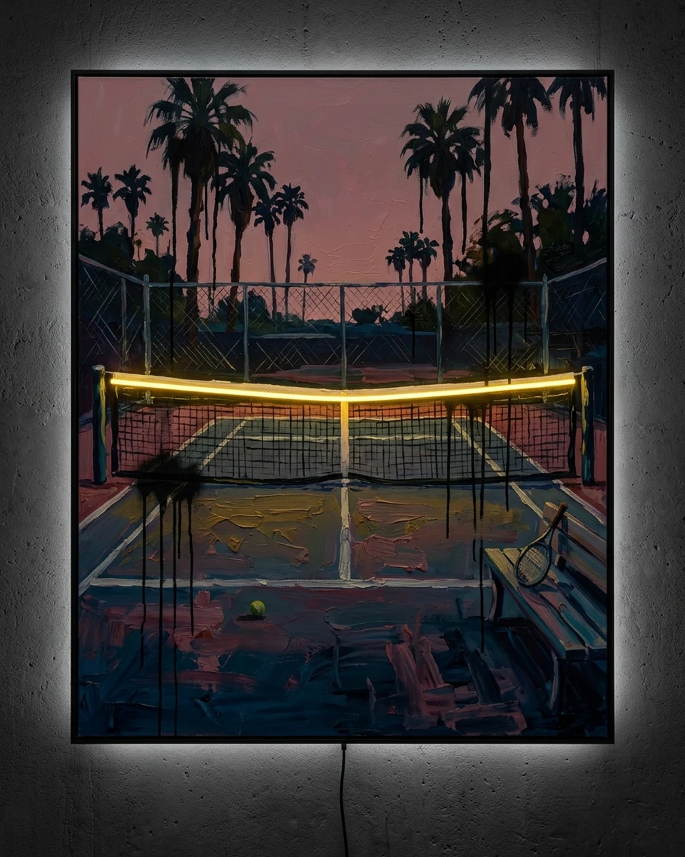 Match Point &mdash; An empty tennis court at dusk in Palm Springs, in thick oil: one ball on the court, a racket on the bench, palms against a pink sky, neon wall art panel