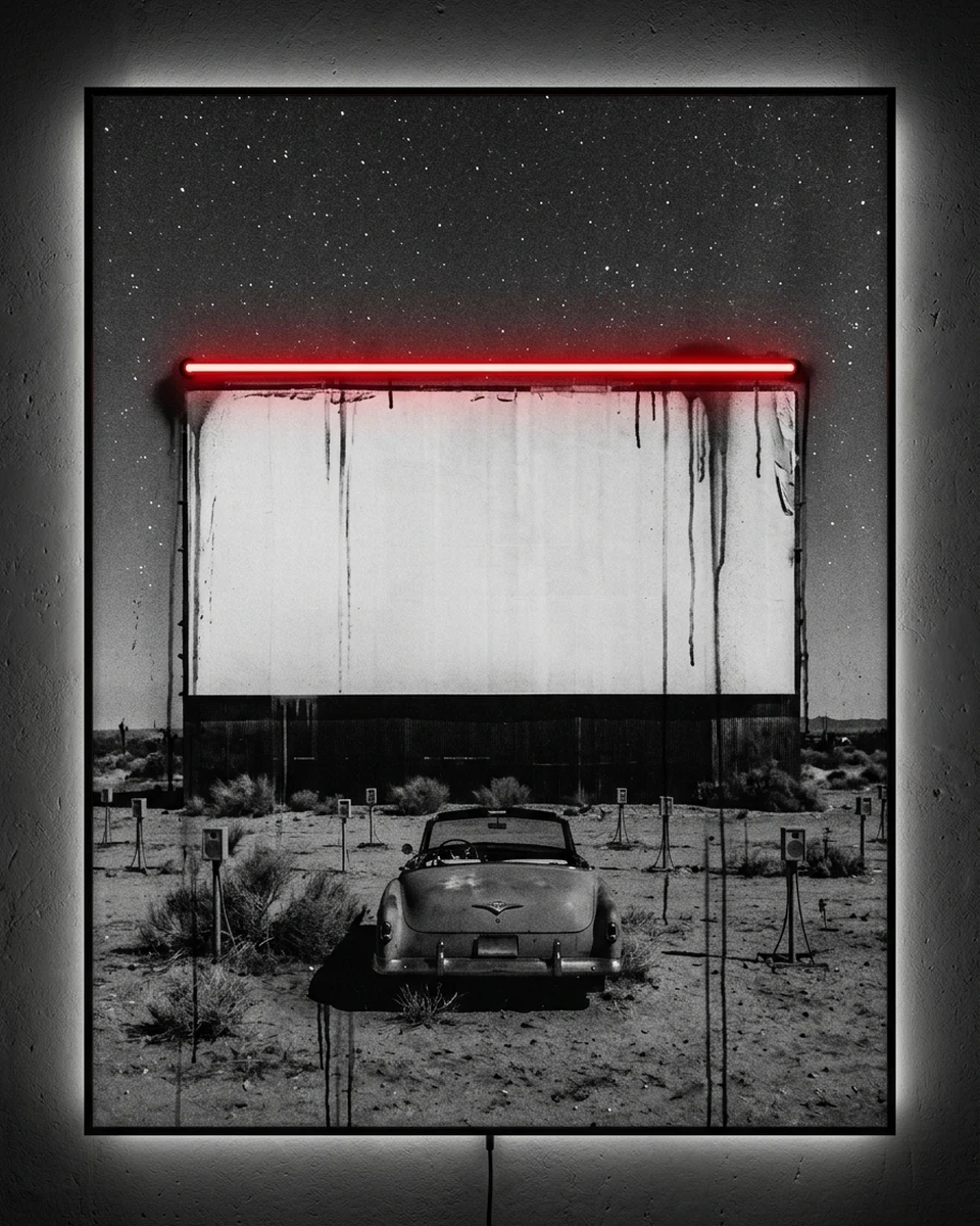 Last Show — An abandoned desert drive-in after closing, in black and white: a blank screen, one old convertible left behind, a sky full of stars, neon wall art panel