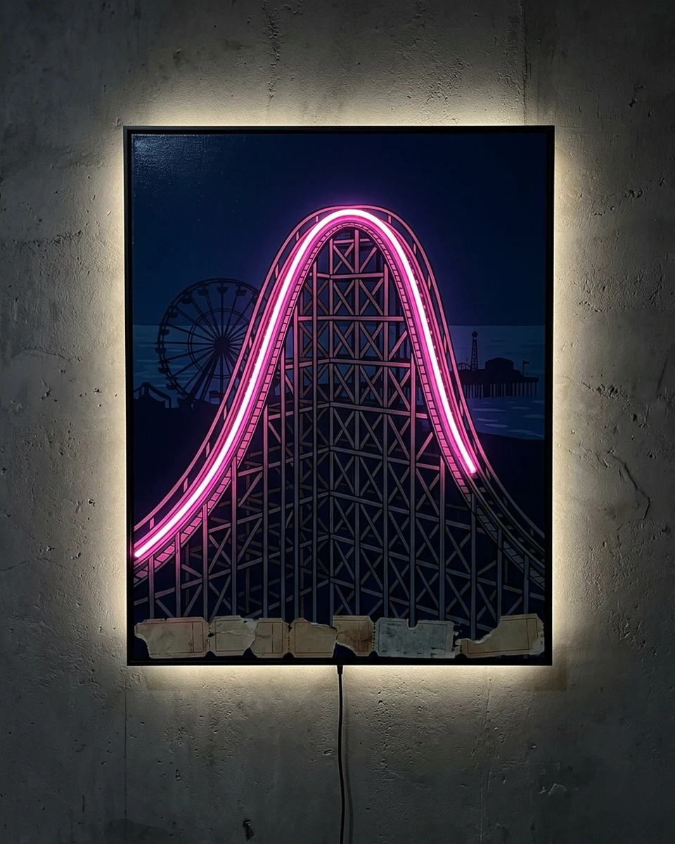 Last Ride &mdash; The tallest hill of an old wooden roller coaster at a seaside park after closing, painted in flat pop colors, with a dark Ferris wheel, a pier and scraps of old tickets, neon wall art panel