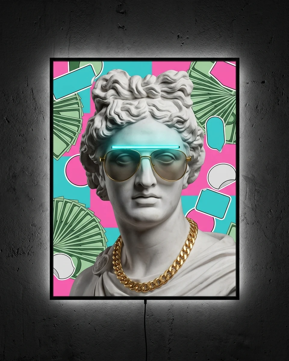Apollo Shades &mdash; The marble Apollo bust in gold aviators and a heavy gold chain, over turquoise and pink blocks packed with fanned cash and stickers, neon wall art panel