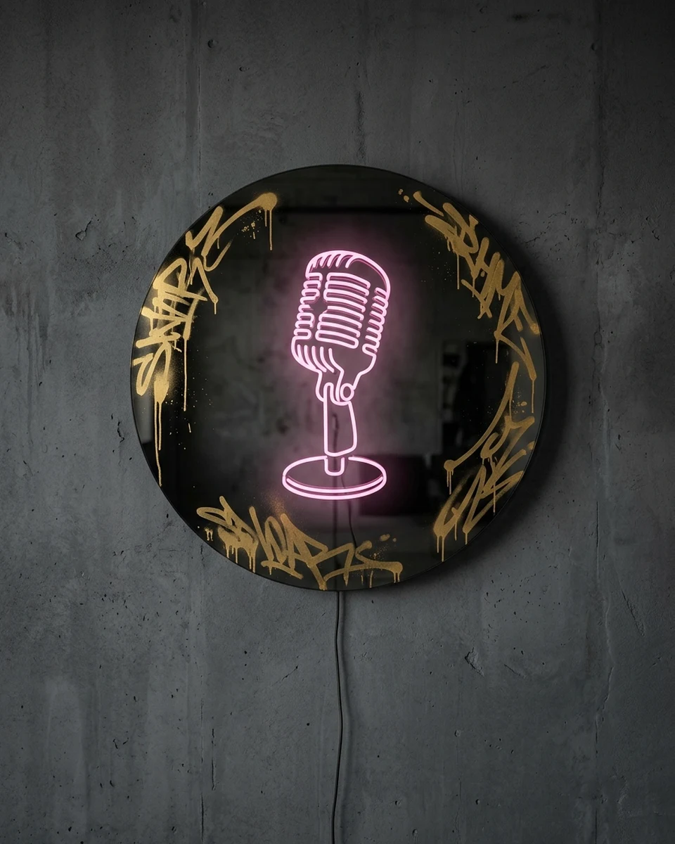 Mic Drop Mirror — A round smoked black mirror with a 1950s stand microphone drawn in one pink neon line at its center, and gold spray-paint tags and drips only around the rim, neon wall art panel