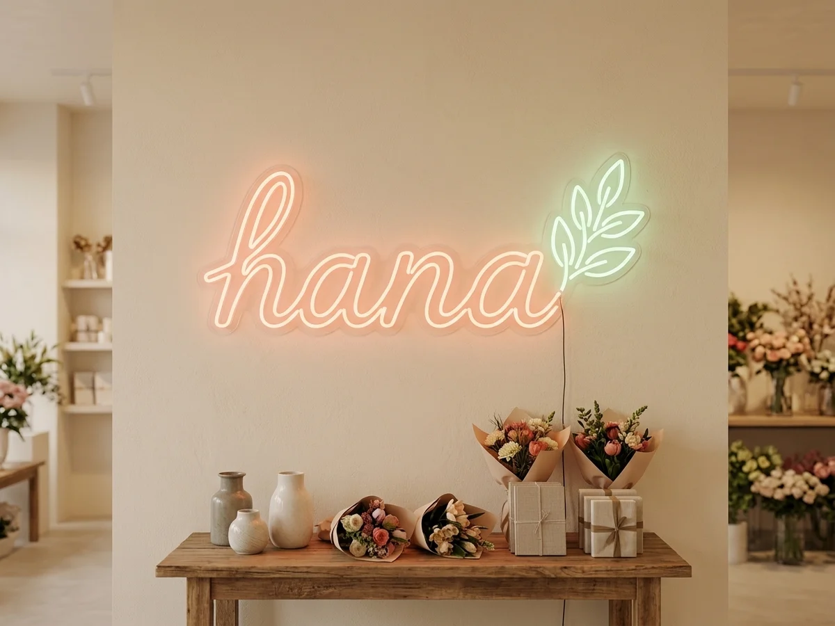 「hana」の文字のLEDネオンサイン「hana」