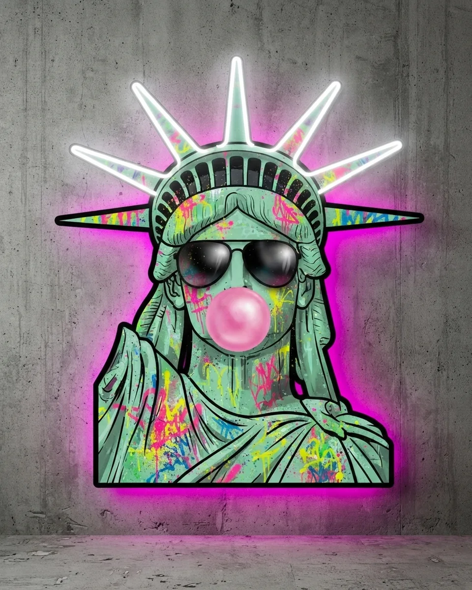 Liberty — Liberty blowing a bubble, neon wall art panel