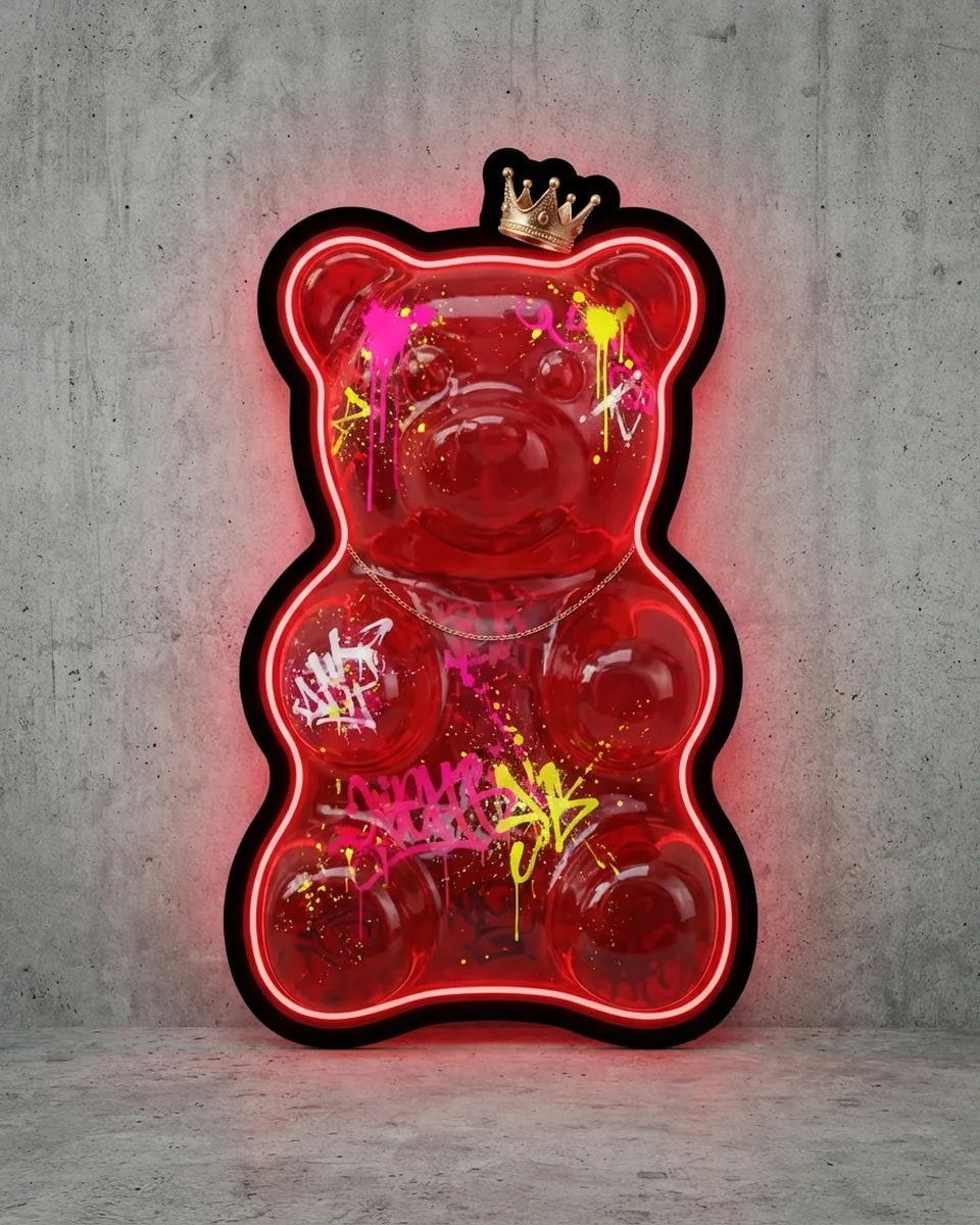 赤いグミのクマのLEDネオンアートパネル「グミベア」