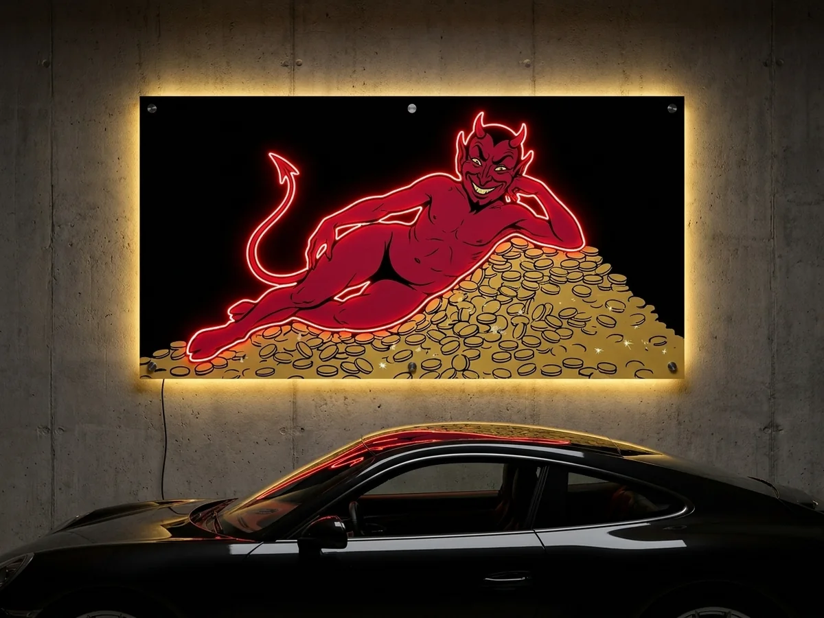 Imp — A red imp stretched across a pile of gold, neon wall art panel