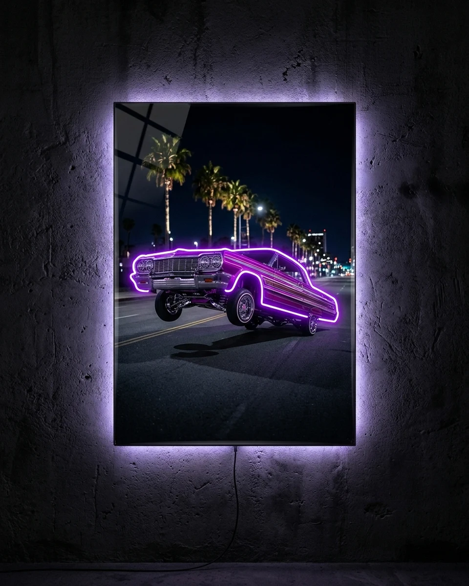 Low & Slow — A candy-purple lowrider, front wheels up, neon wall art panel