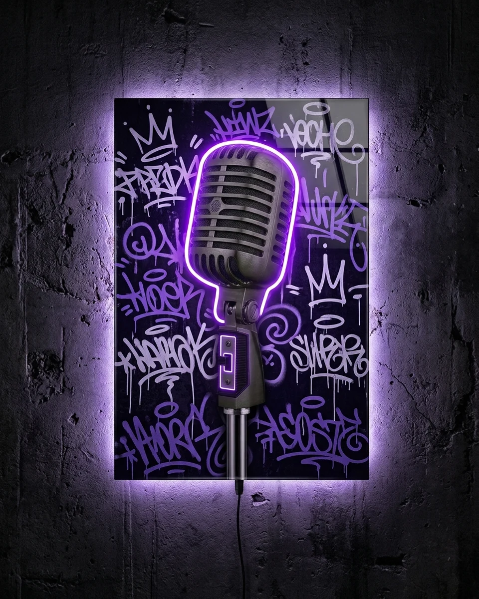 Mic Check — A chrome mic over purple tags, neon wall art panel