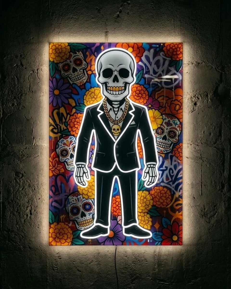 Calavera — A skeleton in a sharp suit and gold chain, neon wall art panel