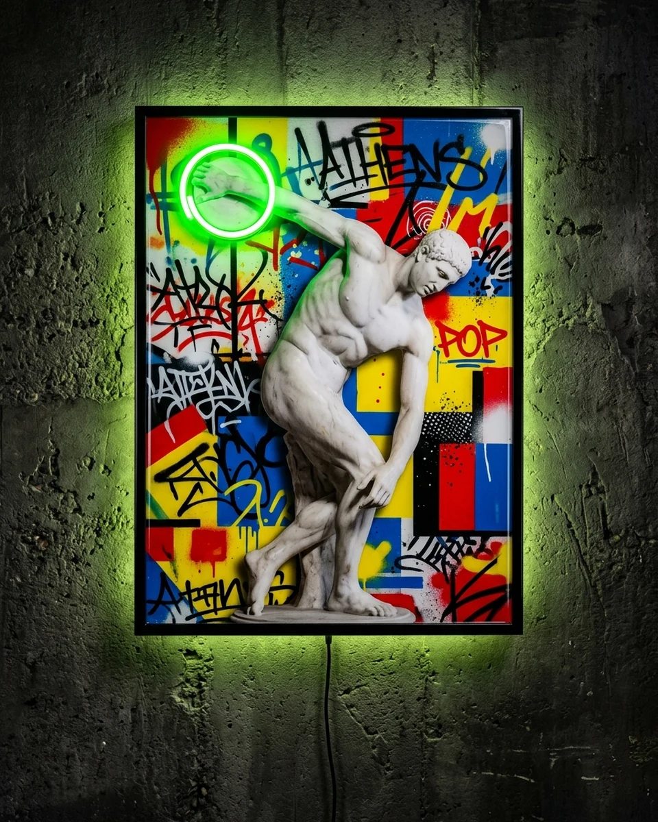 Discobolus — The marble discus thrower, frozen mid-swing over blocks of yellow, red and blue, neon wall art panel