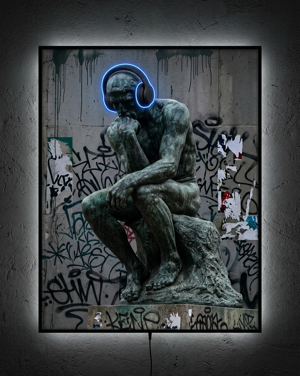 Overthinker — A weathered bronze thinker on his rock, wearing big headphones against a wall of tags and torn posters, neon wall art panel
