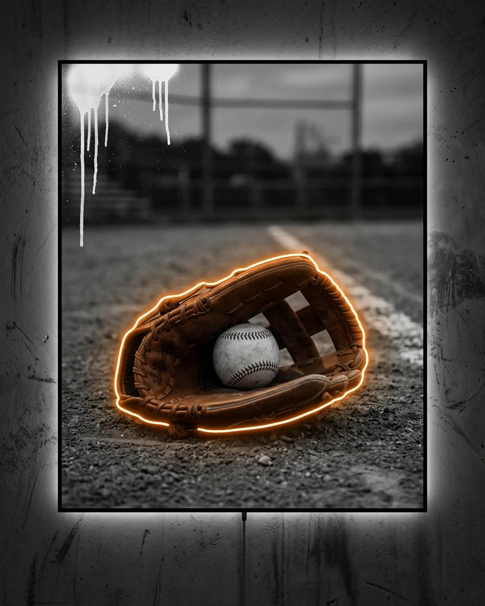 Last Inning — A worn leather baseball glove holding a ball on a dusk infield, in black and white, neon wall art panel