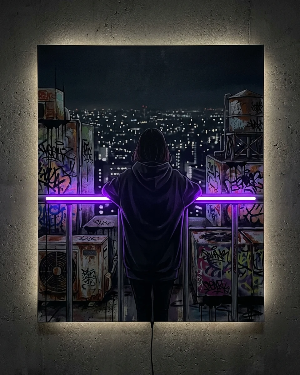 Rooftop — A young woman in a hoodie leans on the rail of a Tokyo rooftop at night, seen from behind, the AC units and water tank around her covered in graffiti, neon wall art panel
