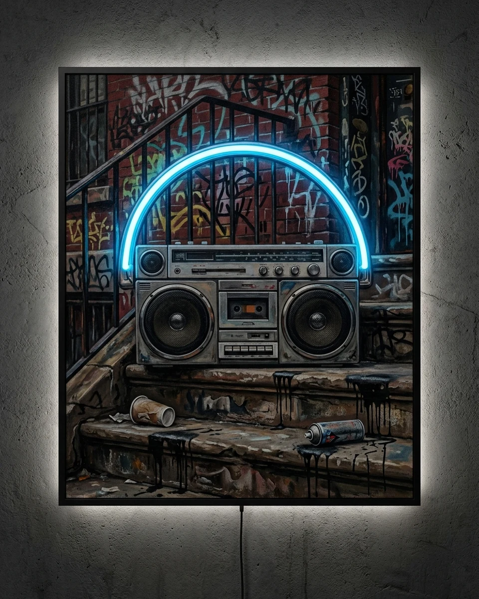 Stoop Sound — A big vintage boombox on the stone steps of a Brooklyn brownstone, the rail and brick wall behind it covered in graffiti, neon wall art panel