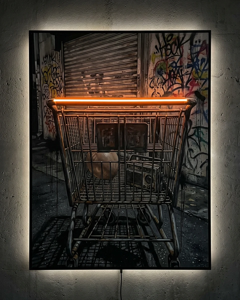 Cart Blanche — An abandoned shopping cart in a Los Angeles alley at night, seen close from behind, a deflated balloon and an old radio inside, graffiti on the shutter beyond, neon wall art panel