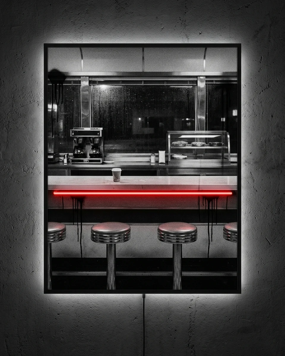 Last Cup — An empty old diner late at night, in black and white: one coffee left on the counter, a row of chrome stools, rain on the window, neon wall art panel