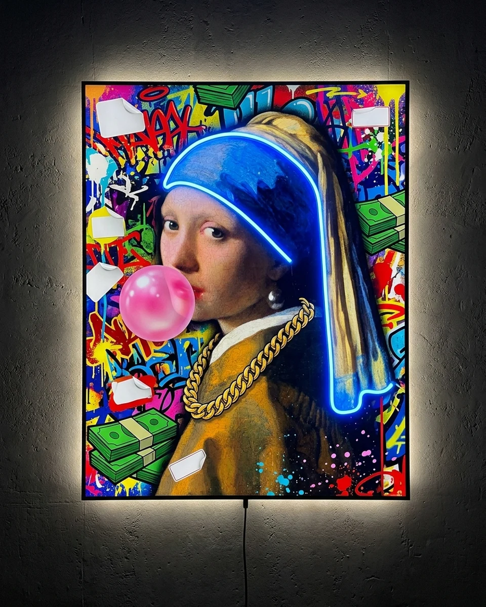 Pearl Hustle — Vermeer's Girl with a Pearl Earring in a heavy gold chain, blowing pink bubblegum, packed in stickers, graffiti tags, spray drips and stacks of cash, neon wall art panel