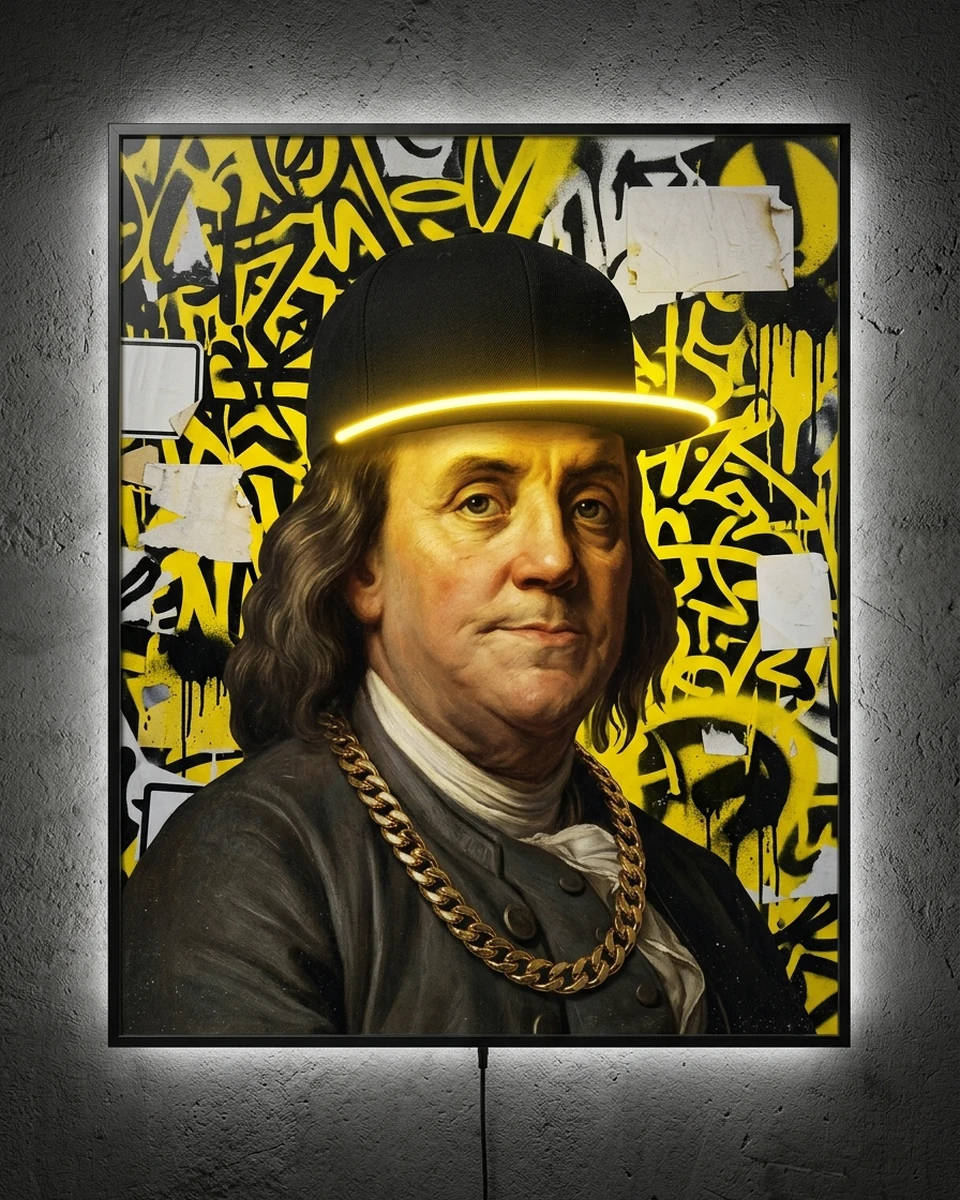 Big Ben — Benjamin Franklin, the face of the hundred, in a flat-brim black cap and a heavy gold chain, packed in yellow-and-black graffiti, torn paper and spray drips, neon wall art panel