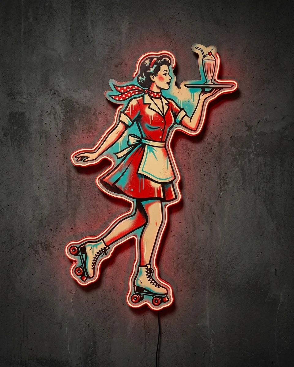 Carhop Roller — A 1950s American drive-in carhop gliding on roller skates, holding up a silver tray with a cherry-topped milkshake, a red and white polka-dot scarf at her neck, neon wall art panel