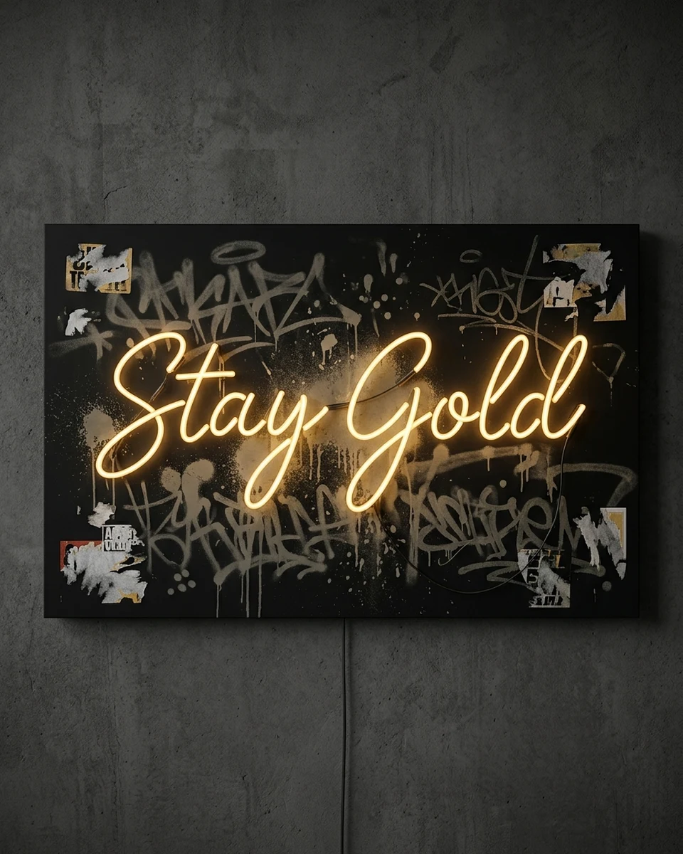 Stay Gold &mdash; A black panel layered with spray-paint tags and torn old stickers, with the words "Stay Gold" running across it in one flowing gold neon script, neon wall art panel